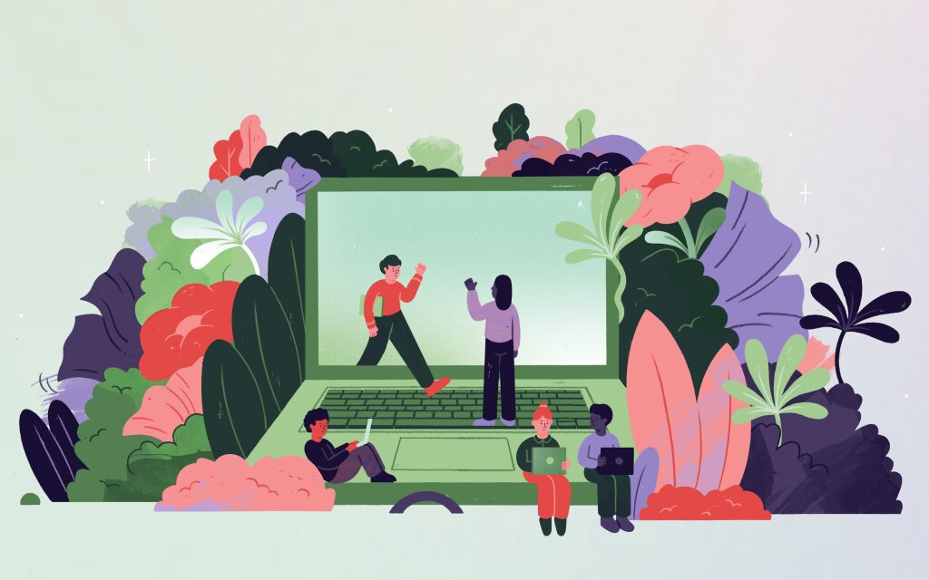 Kleurrijke illustratie van CodeGorilla met bladeren, planten een laptop en mensen die werken op laptops.