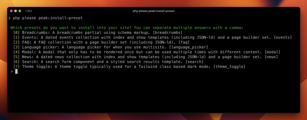 A screenshot of the `php please peak:install-preset` command which lists the following presets: Breadcrumbs, Events, FAQ, Language picker, Modal, News, Search and Theme toggle.