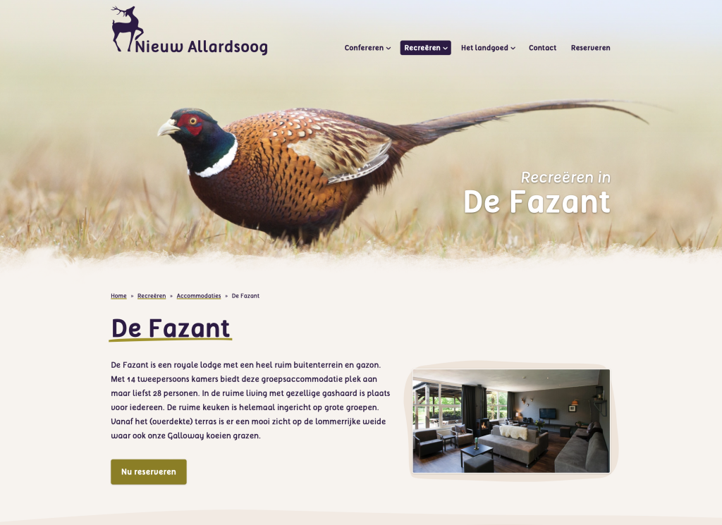 Nieuw Allardsoog screenshot van accommodatiepagina 'De fazant'.