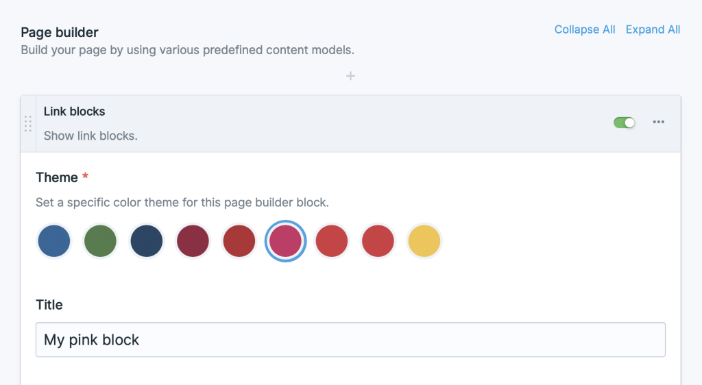 Color swatches in a page builder block.