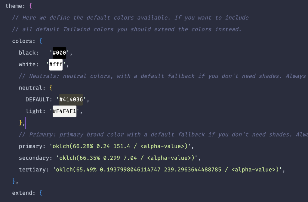 Defining OKLCH colours in the Tailwind CSS config file.